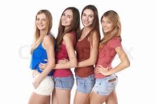 happy group  friends girls standing stock image colourbox