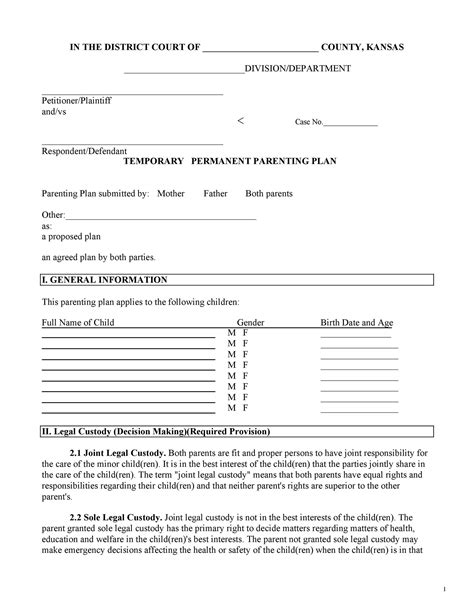 parenting agreement template printable templates