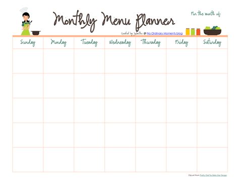 monthly meal menu planner  format template  templates