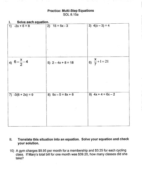 solving multi step equations worksheet  grade math art worksheets