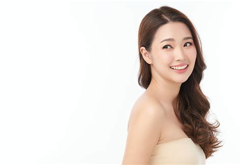 beautiful young asian woman  clean fresh skin  white background