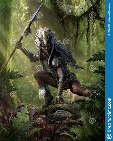 woman warrior hunter with a spear in hand in the jungle 3d