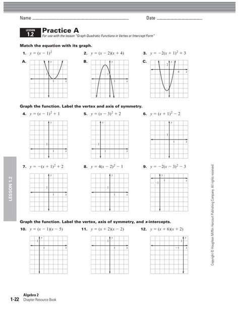graphing quadratic functions worksheets worksheet