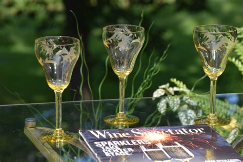 Vintage Etched Yellow Wine Glasses Set Of 4 Elegant Tall Yellow