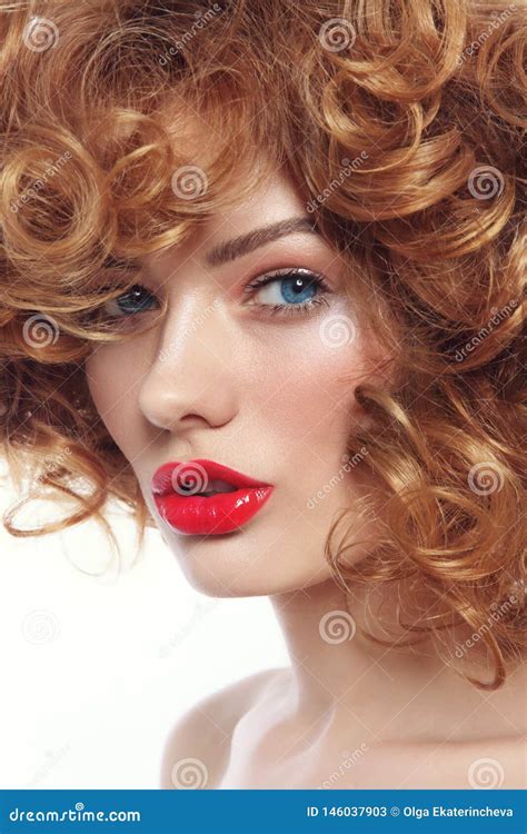 Beautiful Woman With Curly Hair And Red Lipstick Stock Image Image Of