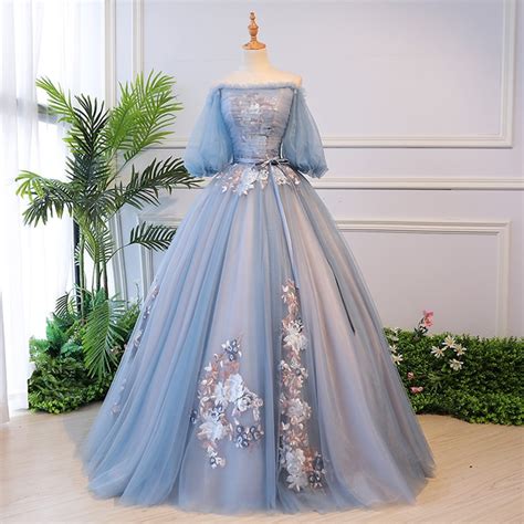 He S Bride New Elegant Blue Boat Neck Puff Sleeves Lace Up Back Floor