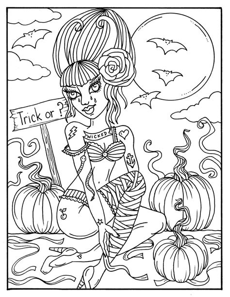 Halloween Goulish Pin Up Girls To Color Adult Coloring