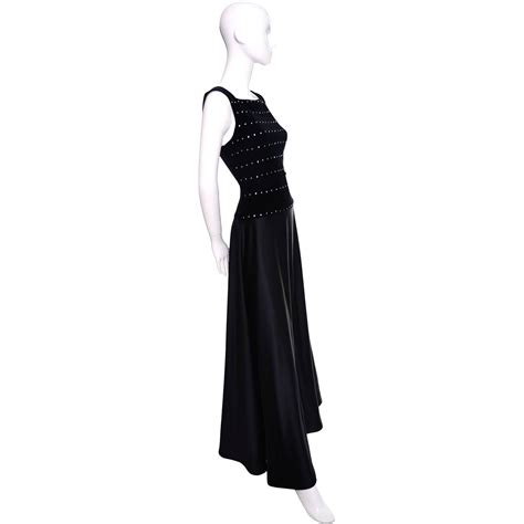 tadashi shoji vintage dress black satin velvet evening gown rhinestones
