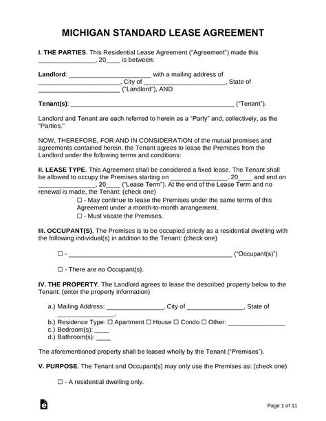 michigan residential lease agreement template  word eforms