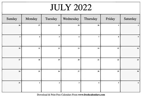 blank printable july  calendars