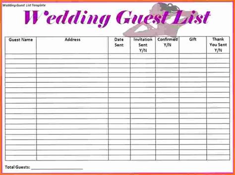 printable wedding guest lists fresh wedding guest list worksheet