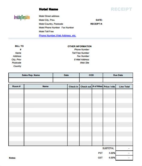 sample hotel receipt templates  google docs google sheets