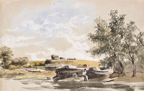 james stark 1794 1859 boats on a river bank and eel nets by the