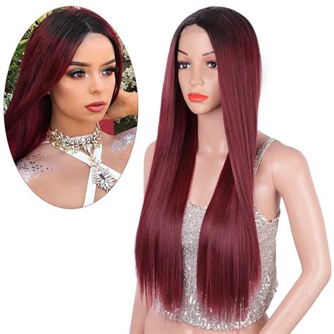 Stamped Glorious Ombre Burgundy Wine Red Wig Long Straight Middle Part