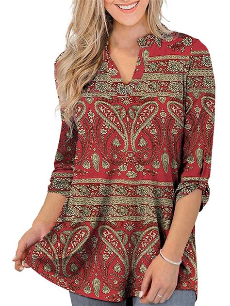 Womens Plus Size Tops 3 4 Roll Sleeve Floral Tunic Shirt Casual V Neck