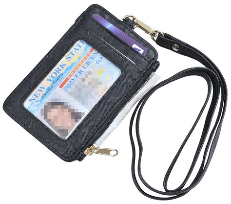 zipper pocket id badge holder  neck lanyard pu leather wallet case