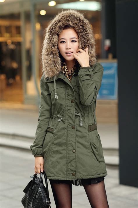 womens winter coats faux fur lining parka  fur hood  green  luulla