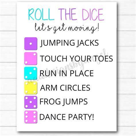 printable exercising dice game printable roll  dice game etsy uk