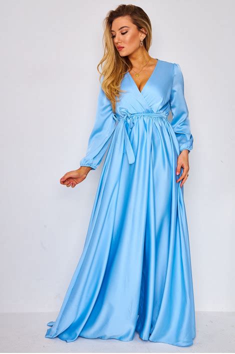 robe bleu maxi en satin à manches longues ceinturée brentiny paris