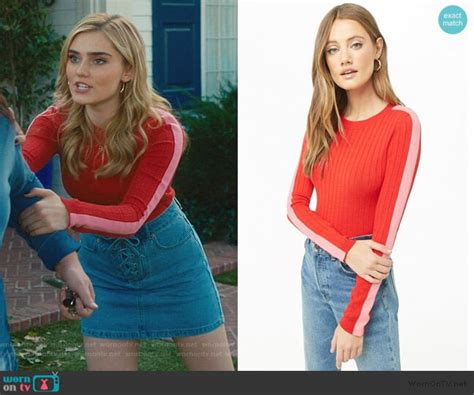 wornontv taylor s red sweater and denim skirt on american housewife
