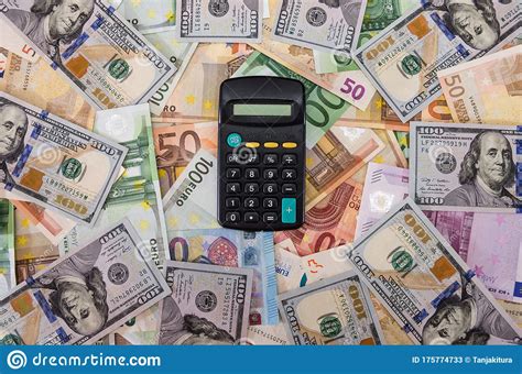 calculator   background  euros  dollars view   business concept stock image