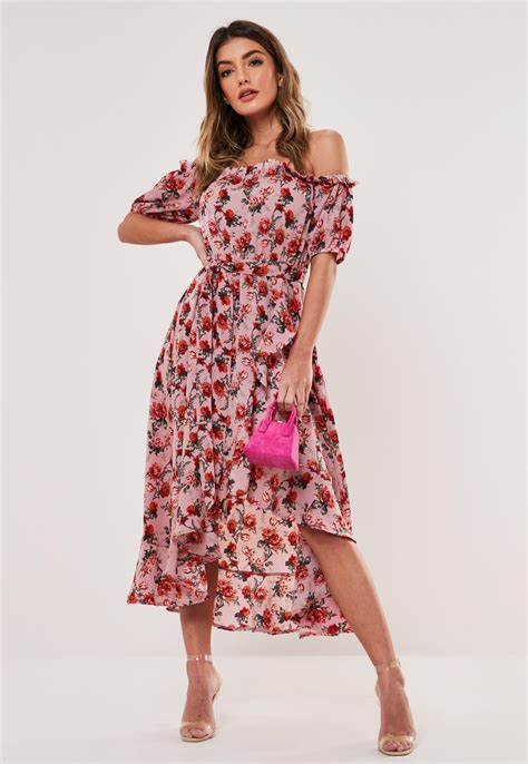 missguided synthetic floral bardot wrap midi tea dress  pink lyst