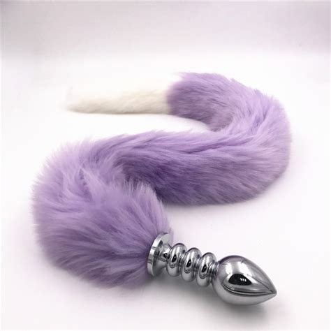 Stainless Steel 3 Size Anal Plug Long Purple And White Fox Tail Tail
