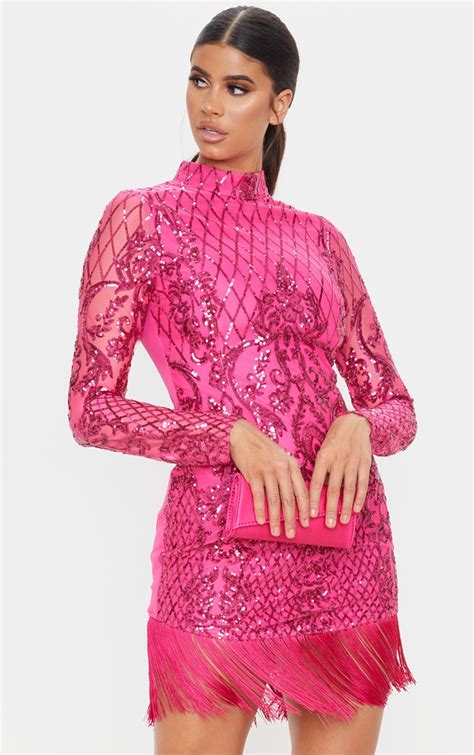 pink sequin tassel hem bodycon dress prettylittlething