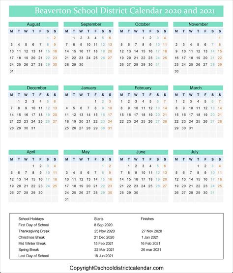beaverton school district calendar holidays