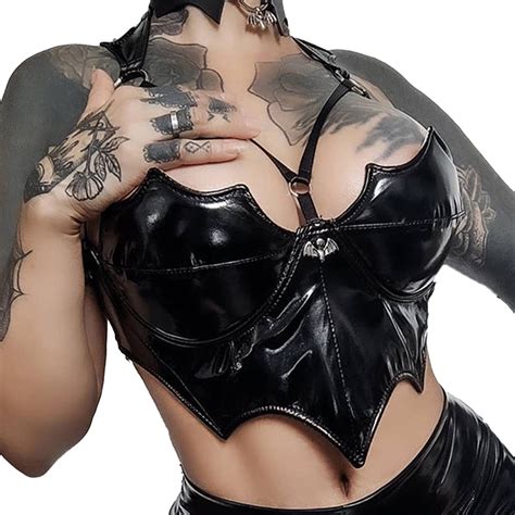 Women S Gothic Punk Push Up Crop Tops Bustier Tank Vest Wetlook Leather