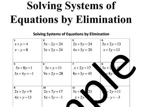 solving systems  equations  elimination worksheet teaching