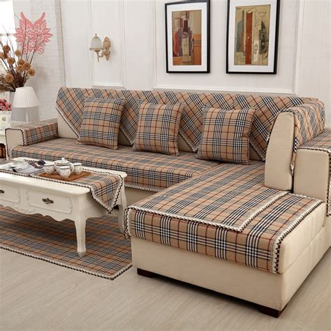british brown plaid sofa cover cotton linen lace decor sectional slipcovers canape furniture