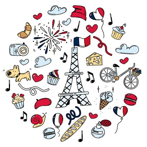 set  hand drawn french doodle elements  cartoon style