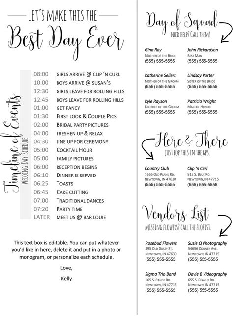 editable wedding timeline edit in word phone numbers and etsy