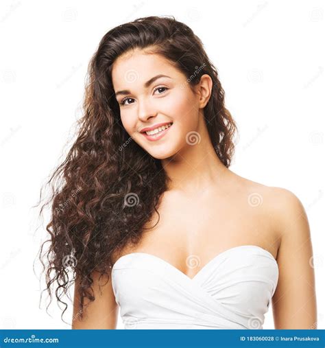 Brunette Woman With Long Wavy Hair Beautiful Smiling Girl Portrait