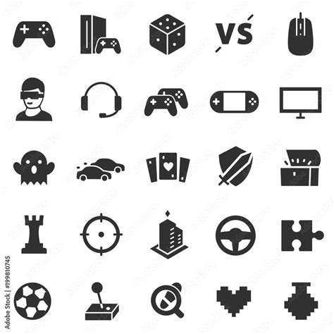 video games monochrome icon set game genres  attributes isolated