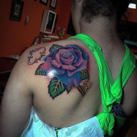 Girl Left Back Shoulder Rose Tattoo