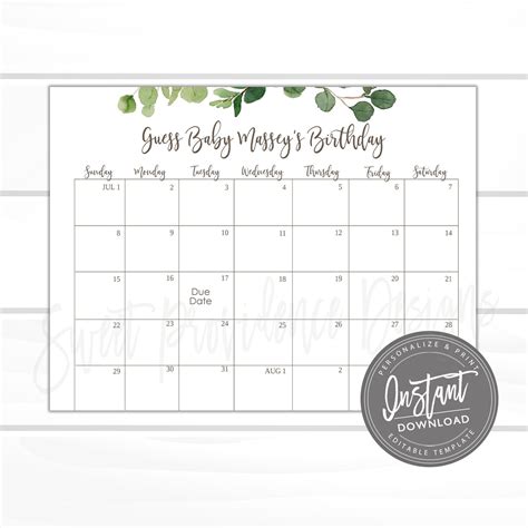 baby shower due date calendar game printable greenery guess babys birthday calendar editable