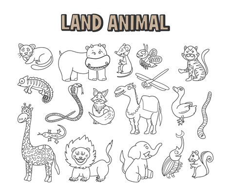 set  element doodle  land animal coloring hand drawn page
