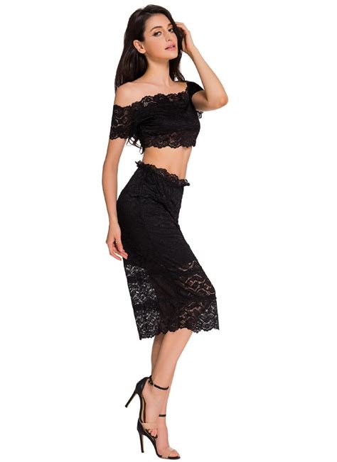 Black S Black Lace Off Shoulder Crop Top And Skirt Set