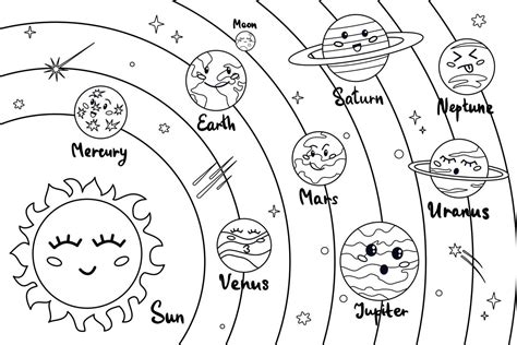solar system coloring book  cartoon style cute funny characters sun
