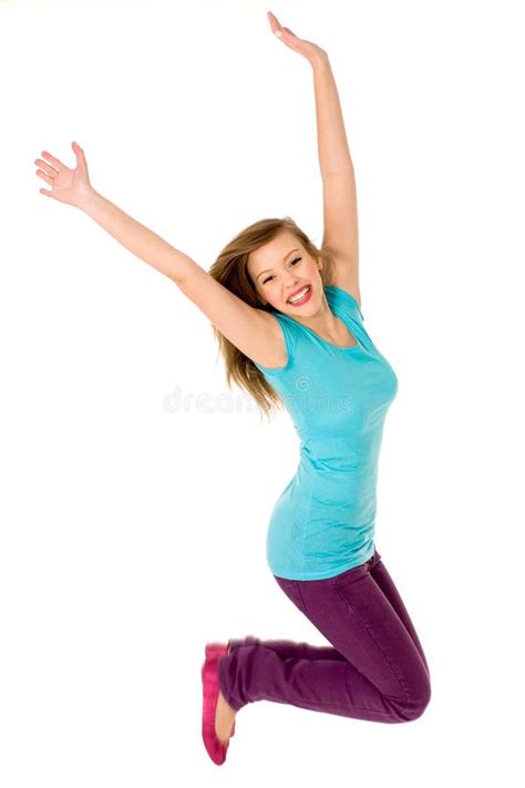 young woman jumping stock image image  happiness arms
