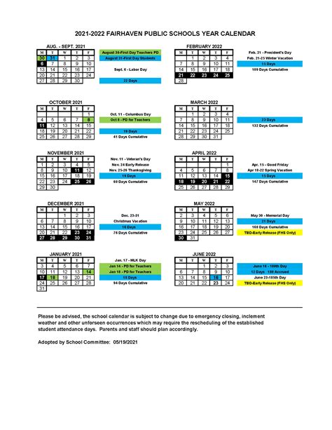 district calendar fairhaven public schools
