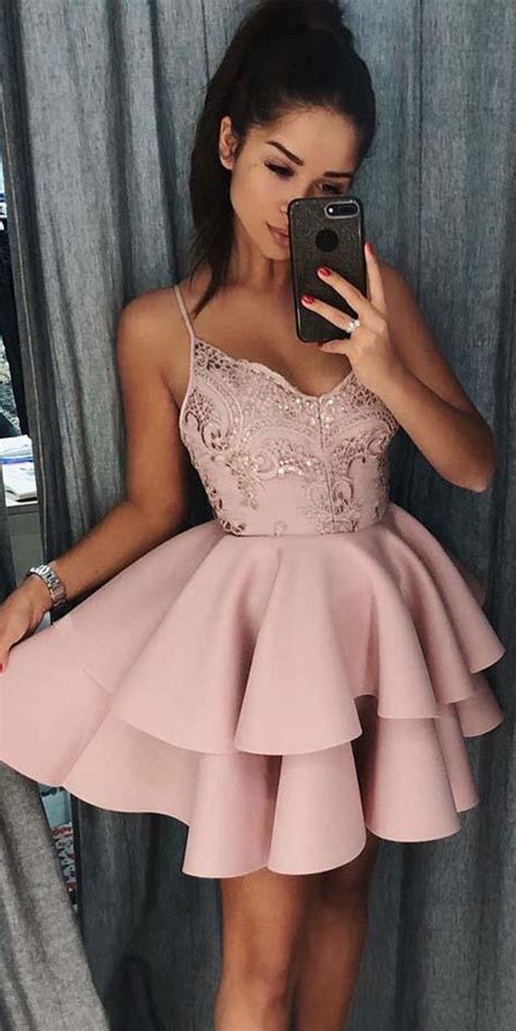 Spaghetti Straps Tiered Pink Satin Homecoming Dress With Sequins Pd017