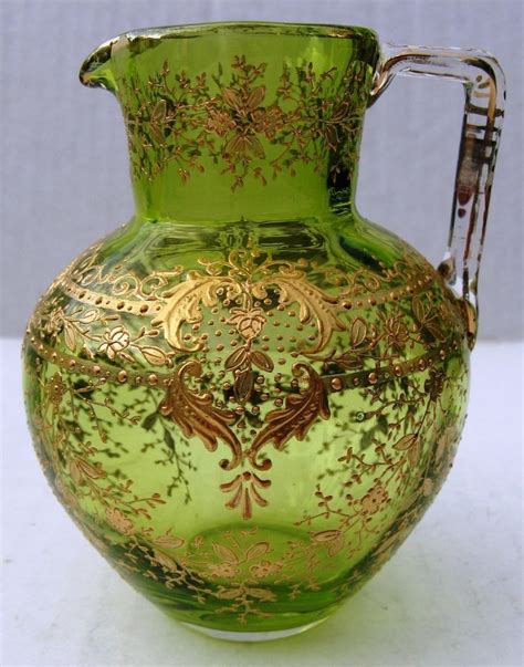 Moser Bohemian Olive Glass Pitcher With Gold Gilt Moser Glass