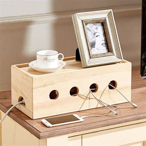 wooden cable organizer box hides  power strip  tangled cables gadgetsin