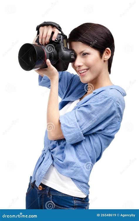 Pretty Woman Photographer Takes Snapshots Stock Image Image Of