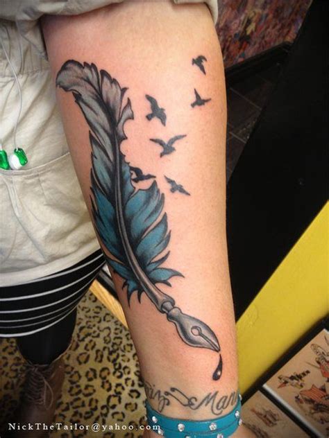 Feather Quill And Birds Tattoo Feather Tattoo Colour Feather Tattoos