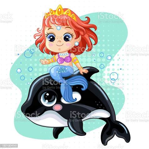 Cute Pretty Mermaid Riding On An Orca Vector Cartoon Illustration Stock
