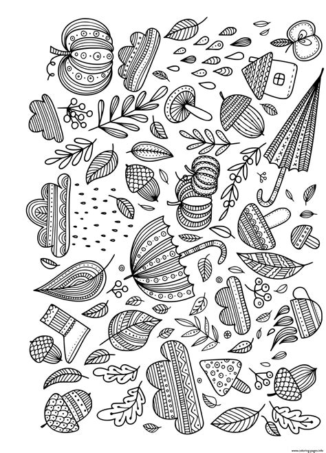fall acorns umbrellas leaves doodle  adults coloring page printable